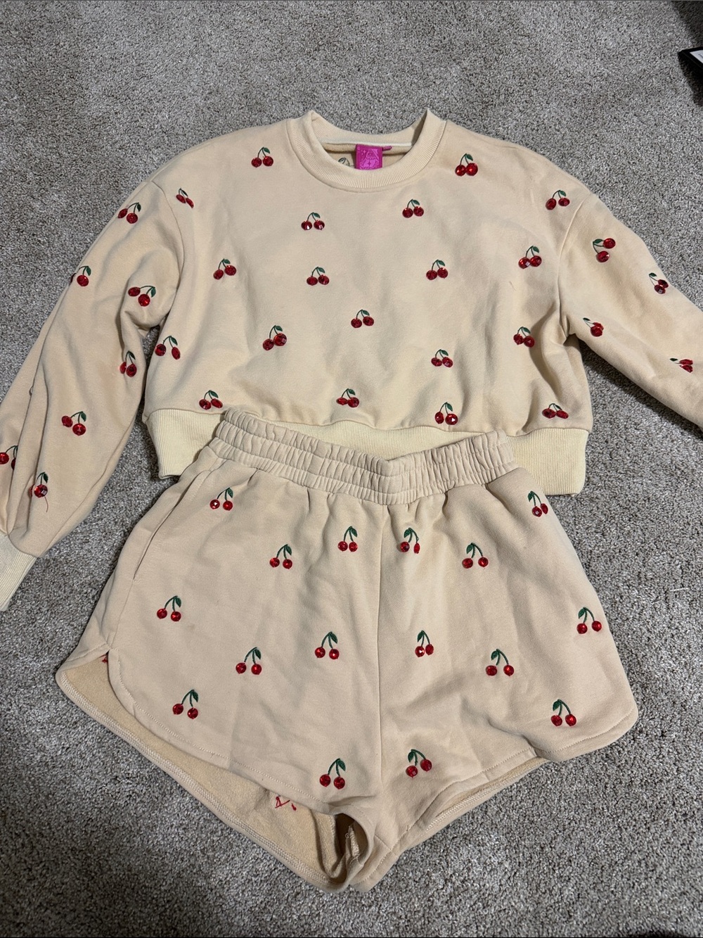 QUEEN OF SPARKLES Cream Cherry-Print Sweatshirt & Shorts Set